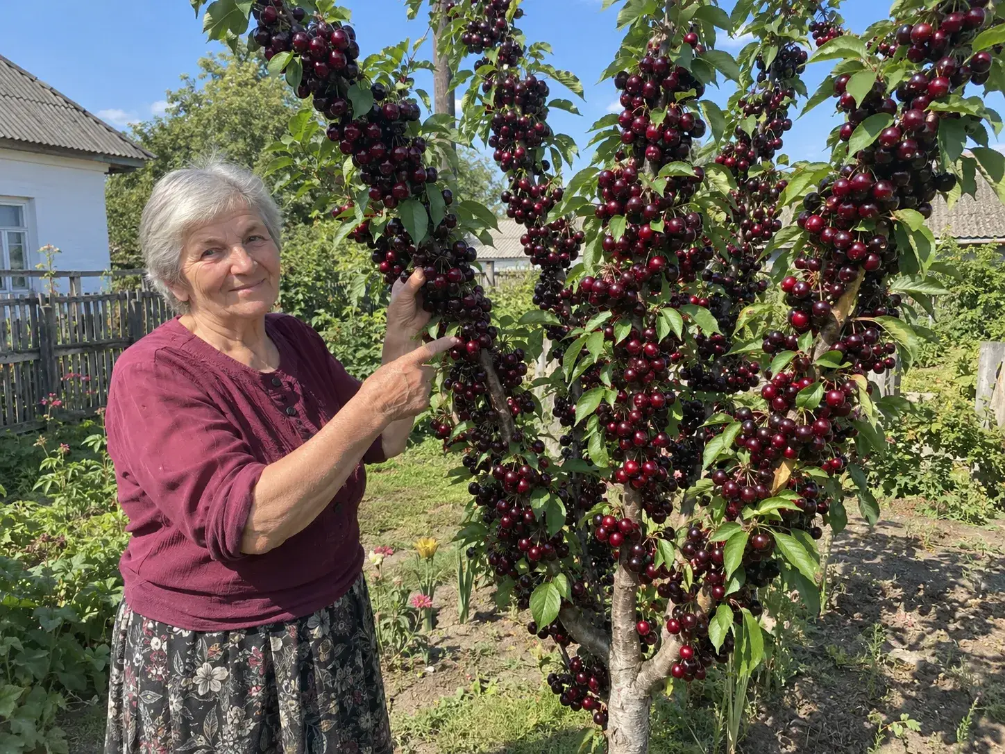 Гілка китайської черешні, вкрита ягодами від основи до краю